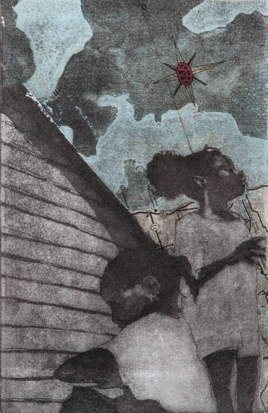Print of two young girls next to the side of a house, compass rose shape and map in place of the sky.